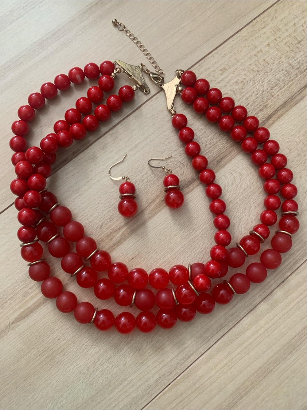 Classic Red Beaded Multi-Strand Necklace with Matching Earrings